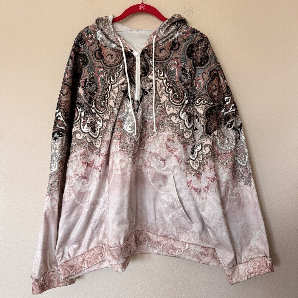 Womens 8XL Ornate Print 1/4 Zip Neck Pullover Boho Artsy Aztec